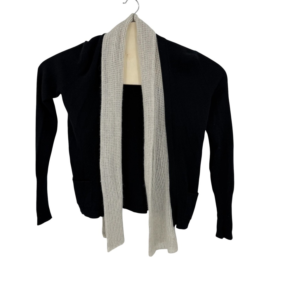 White + Warren Cardigan Women Small Black Grey Cashmere Waffle Knit Luxury Soft